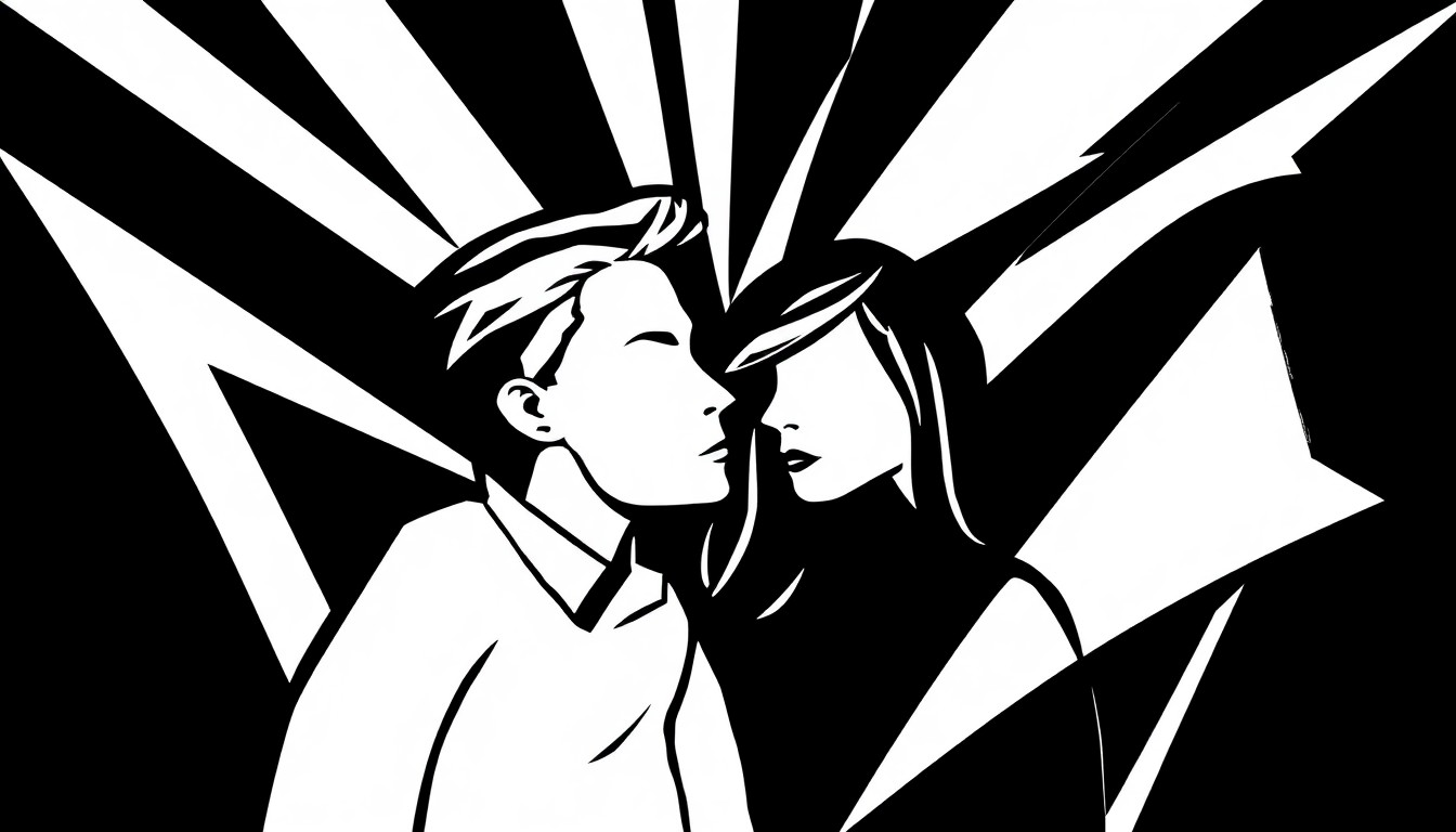 An abstract, minimalist illustration featuring bold, angular black shapes against a stark white background, conceptually representing the idea of celebrities using branded apparel and accessories to express their love lives.