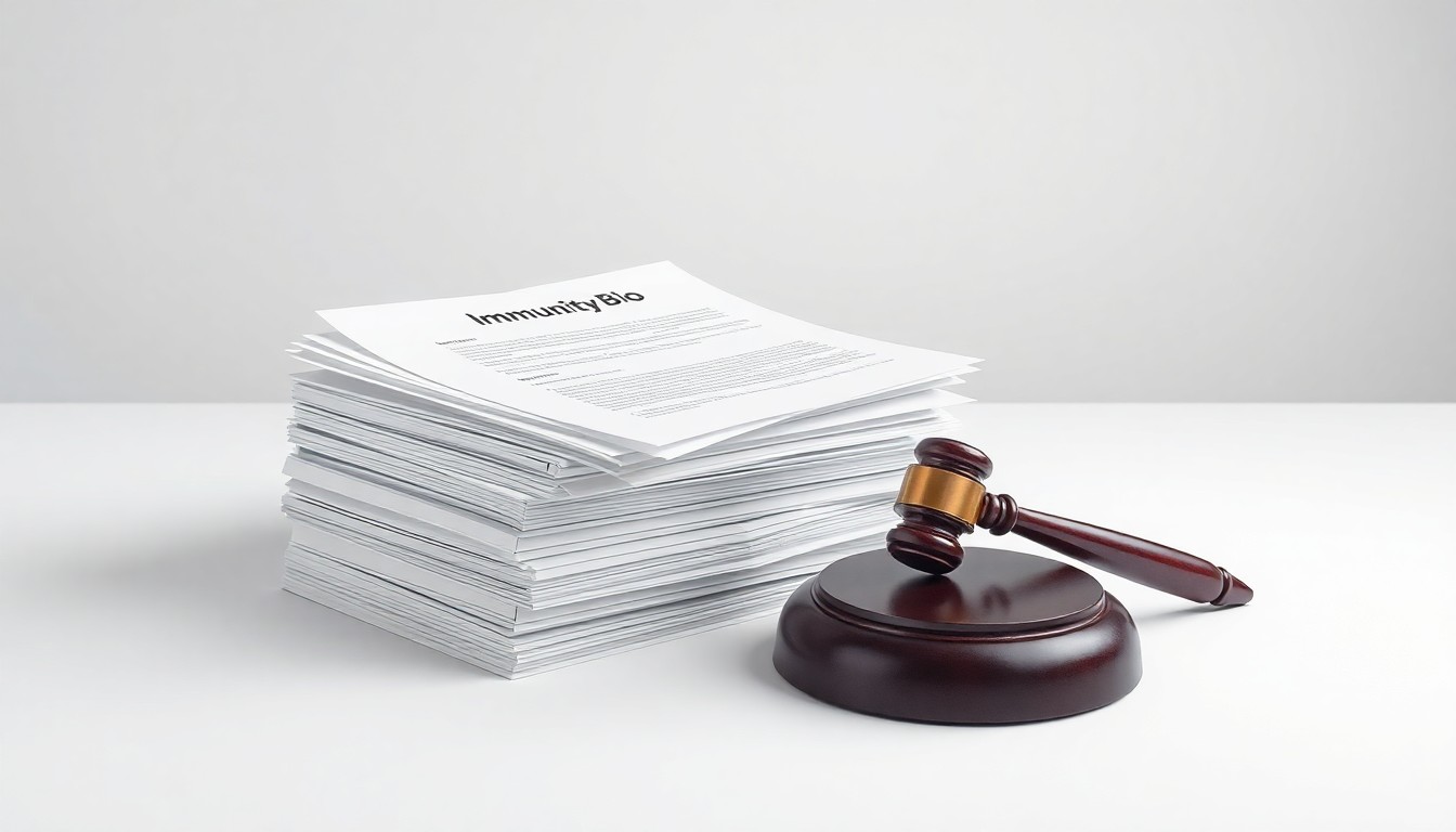 A clean, minimalist studio photograph featuring a stack of legal documents and a gavel on a solid gray background, representing the legal proceedings against ImmunityBio.