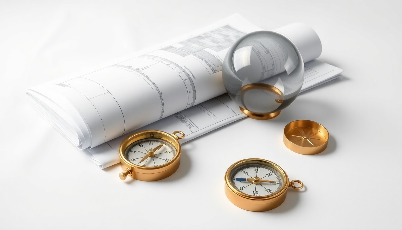 A photorealistic studio still life featuring a stack of architectural blueprints, a sleek metal paperweight, and a polished brass compass, symbolizing the strategic planning, precision, and global reach of the combined BGO and Bell Partners real estate investment firm.