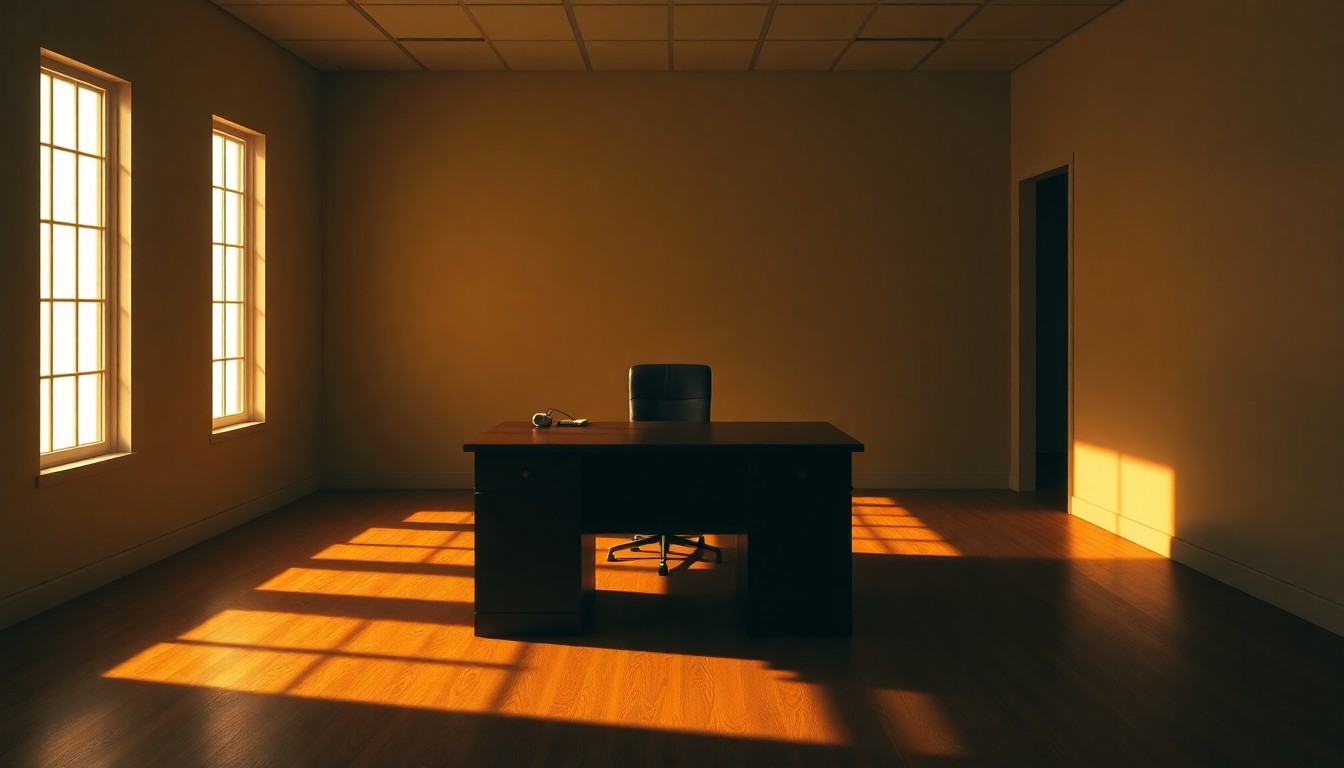 A dimly lit government office desk sits alone in an empty room, the warm sunlight casting long shadows and creating a pensive, unsettling mood.