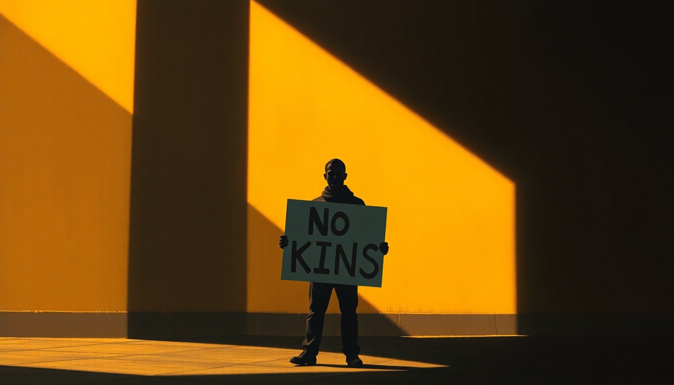 A solitary figure holding a protest sign stands in a sunlit urban setting, the warm tones and deep shadows evoking a sense of quiet contemplation.