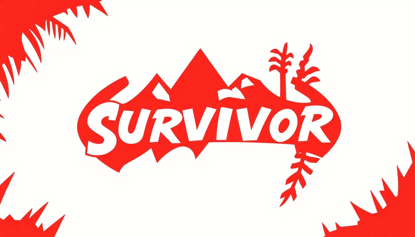 A striking abstract illustration featuring bold, angular shapes in red and white, evoking the iconic Survivor logo and tribal motifs without any text or literal imagery.