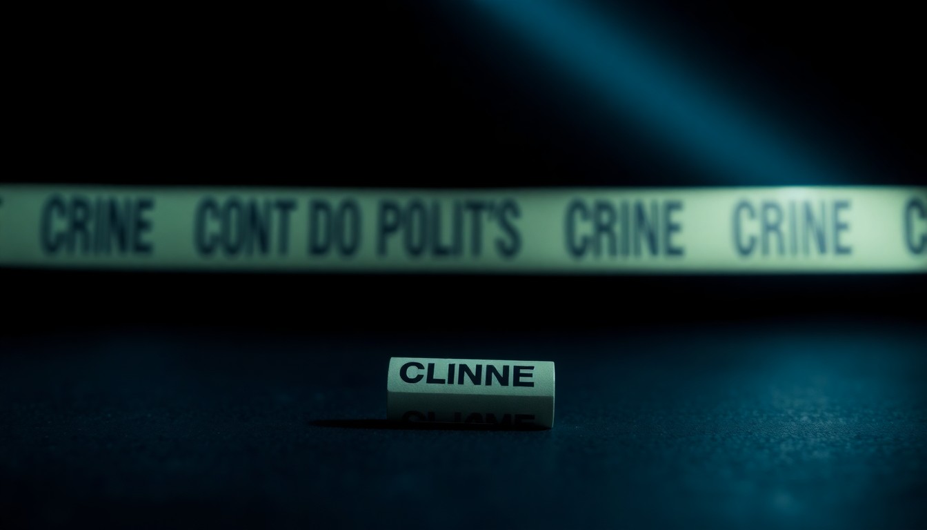 An extreme close-up photograph of a single police evidence marker on the ground, capturing the stark, gritty mood of an ongoing criminal investigation.