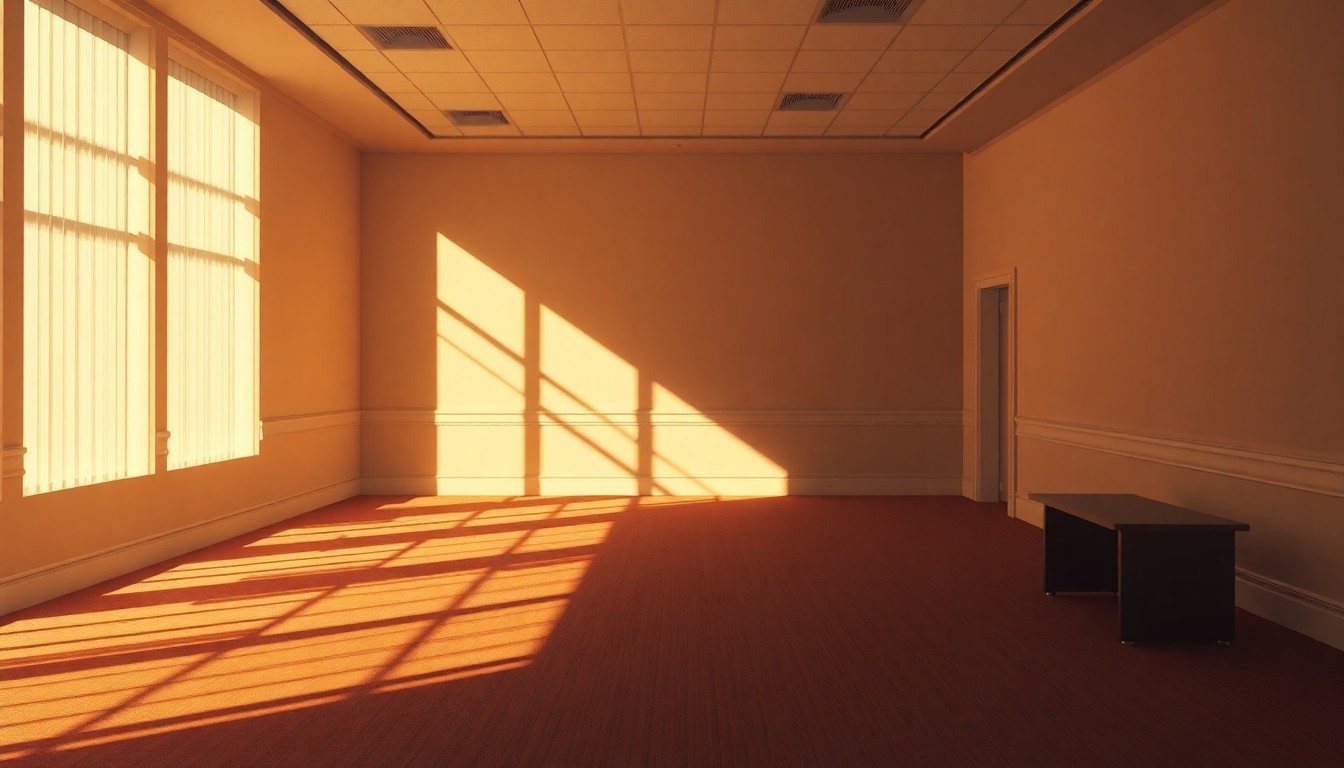 A dimly lit, cinematic painting of an empty government office space, with warm sunlight streaming in through the windows and deep shadows cast across the room, conveying a sense of political uncertainty and transition.