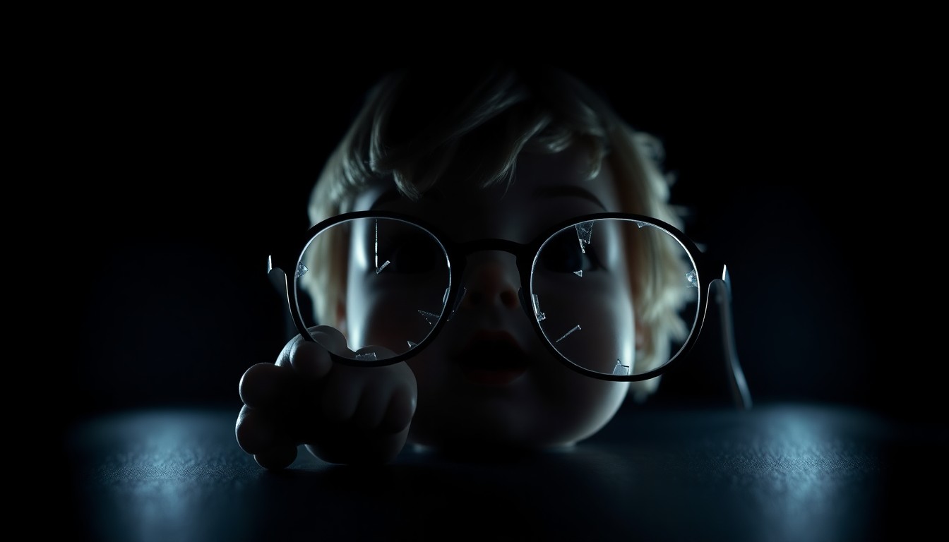 An extreme close-up photograph of a broken child's toy or personal item, such as a shattered pair of glasses or a cracked doll, lit by a harsh, direct camera flash against a pitch-black background, creating a stark, gritty, investigative aesthetic.