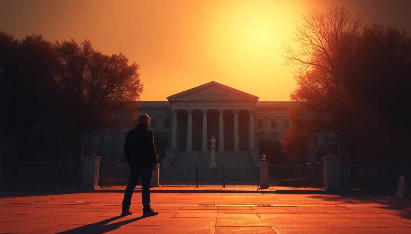 A cinematic painting depicting a solitary protester standing in front of a government building, the scene bathed in warm, diagonal sunlight and deep shadows, conceptually representing the tensions surrounding the 'Broadview Six' case.