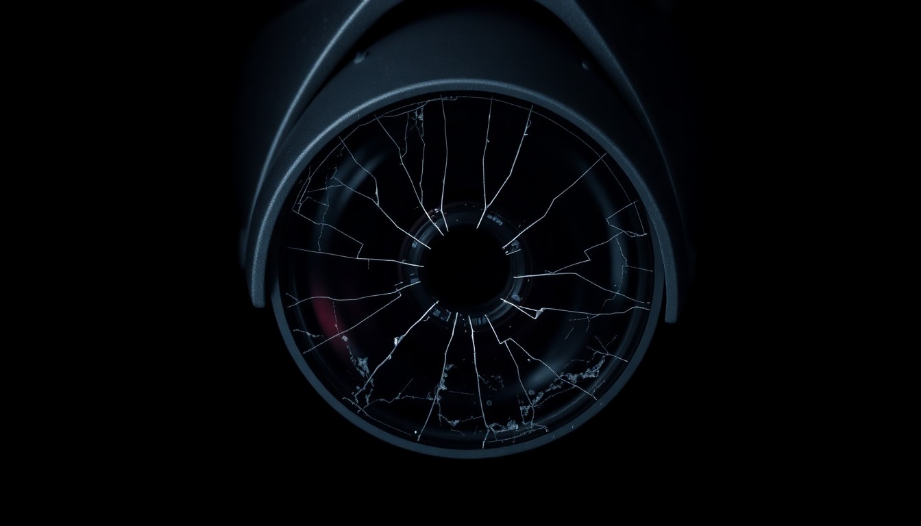 An extreme close-up of a cracked and damaged security camera lens, capturing the harsh textures and dramatic lighting to conceptually represent the flaws and limitations of over-relying on AI-powered surveillance technology in law enforcement.