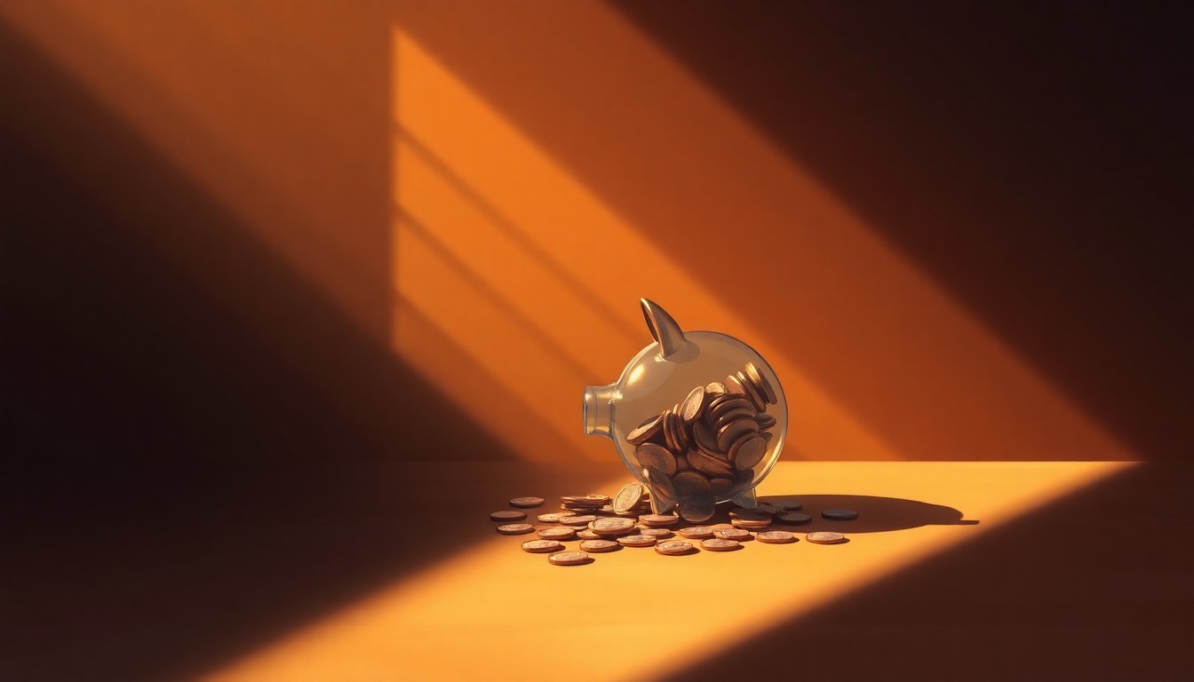 A photorealistic painting of a solitary piggy bank filled with coins, bathed in warm, diagonal sunlight and deep shadows, conceptually representing the new wealth tax in Washington state.