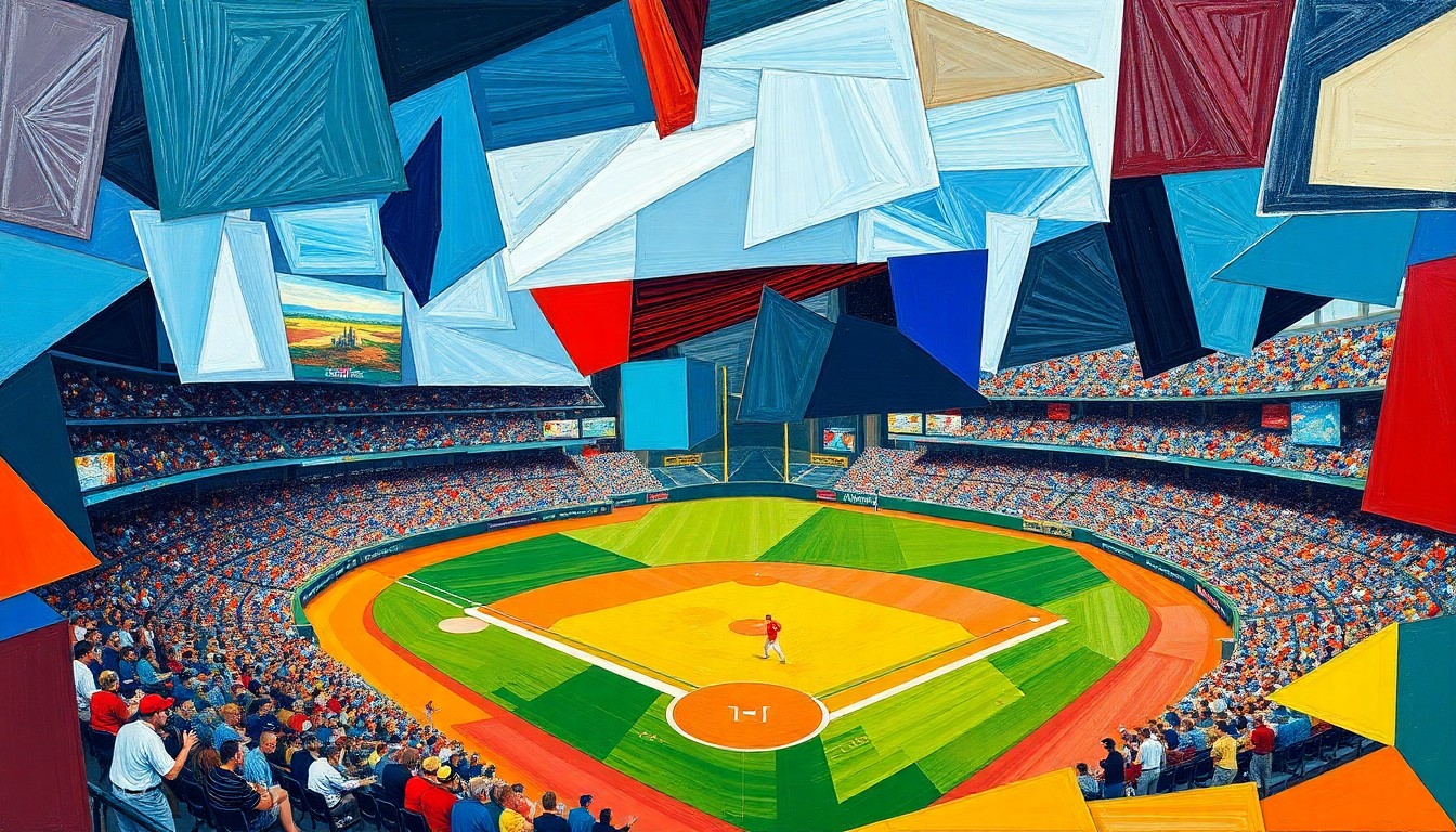 A cubist-style painting featuring overlapping geometric shapes and planes in vibrant blues, reds, and yellows, capturing the energy and movement of a baseball game in an abstract, deconstructed manner.