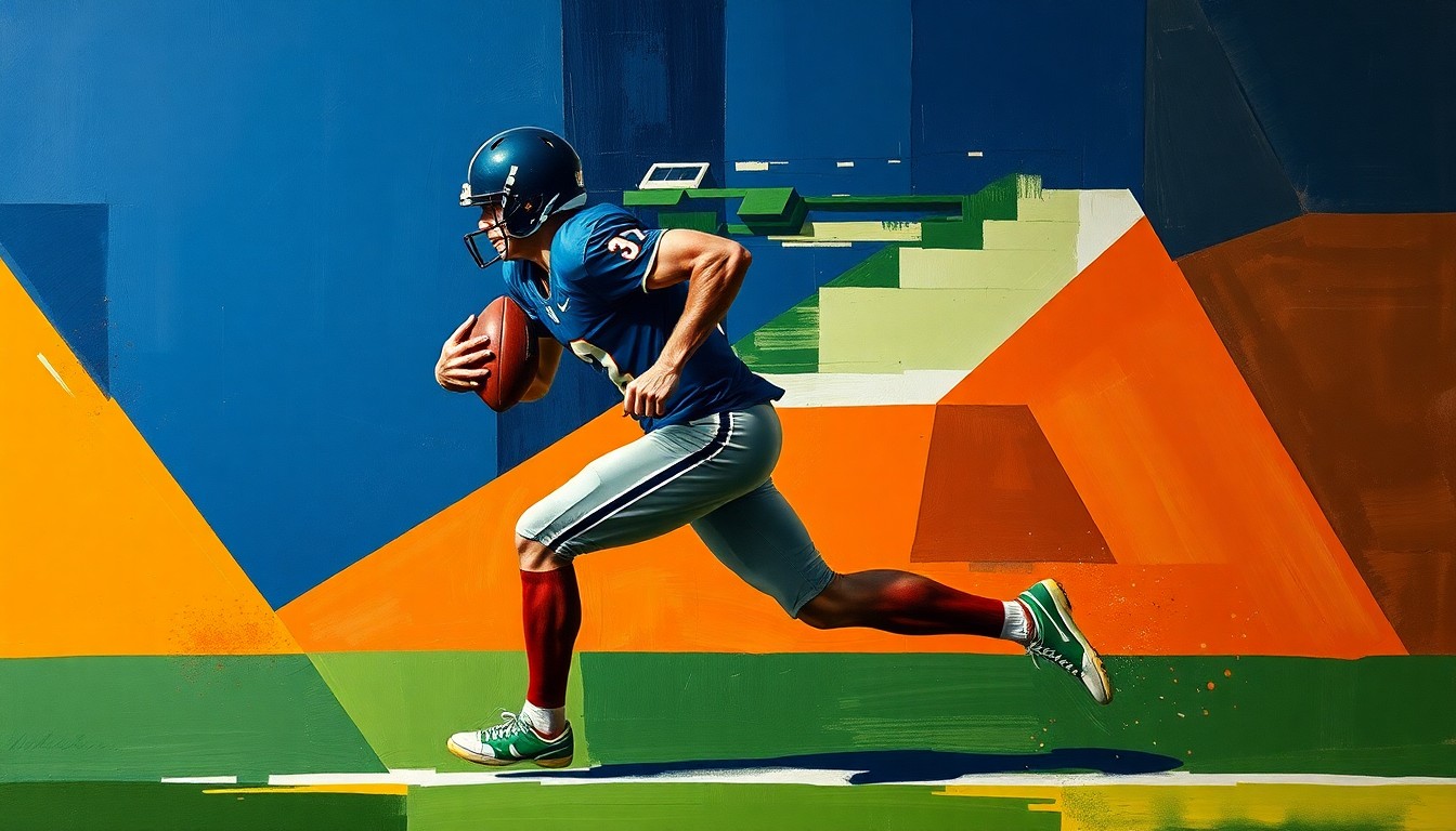 A fragmented, cubist-style painting depicting a football player in motion, with sharp geometric shapes in navy, green, and orange overlapping to create a dynamic, deconstructed visual representation of the story's themes.