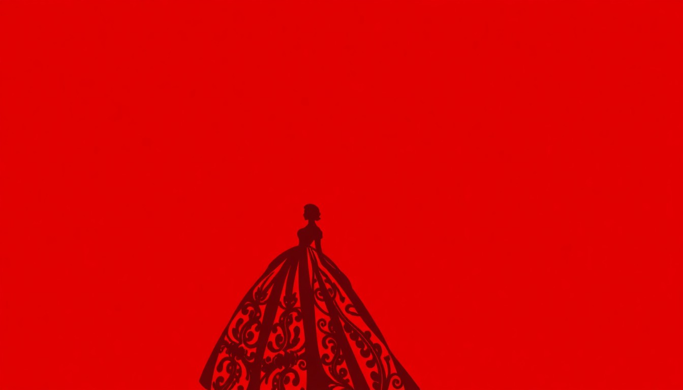 A dramatic black silhouette of a woman in an elaborate 19th century dress, standing against a vibrant red background, conceptually representing the high society world of the acclaimed HBO series.
