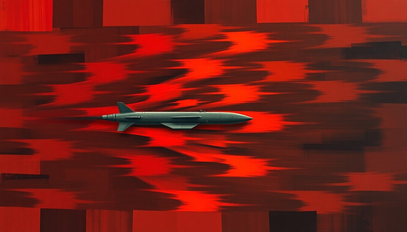 A dynamic, abstract painting featuring a fragmented military vehicle or missile repeated in overlapping geometric shapes and vibrant colors, conveying a sense of motion and conflict.