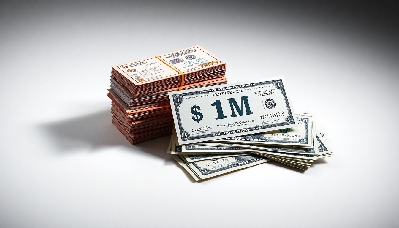 A photorealistic studio still life featuring a stack of lottery tickets, a single winning ticket, and a pile of cash, all arranged elegantly on a clean background to symbolize the life-changing impact of a substantial lottery prize.