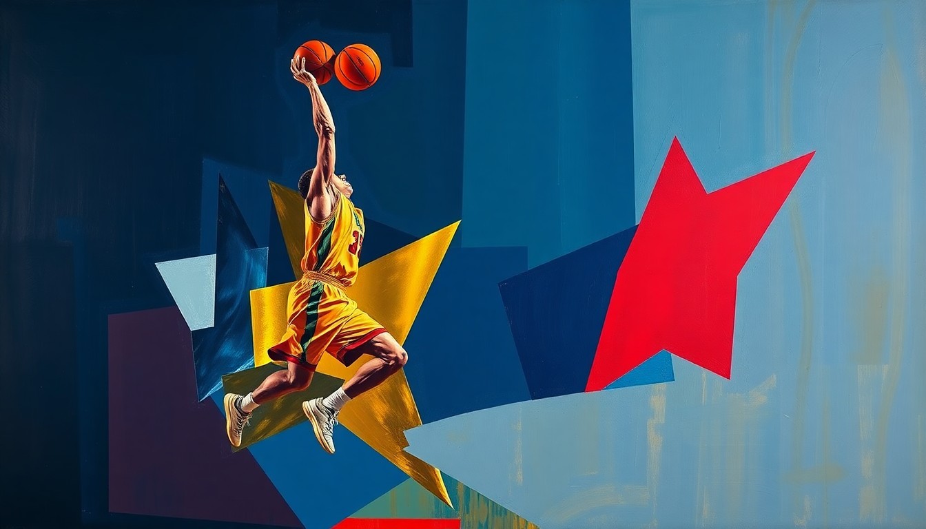 A cubist, geometric painting depicting a basketball player in mid-jump shot, with the figure broken down into overlapping planes of navy, red, and gold.