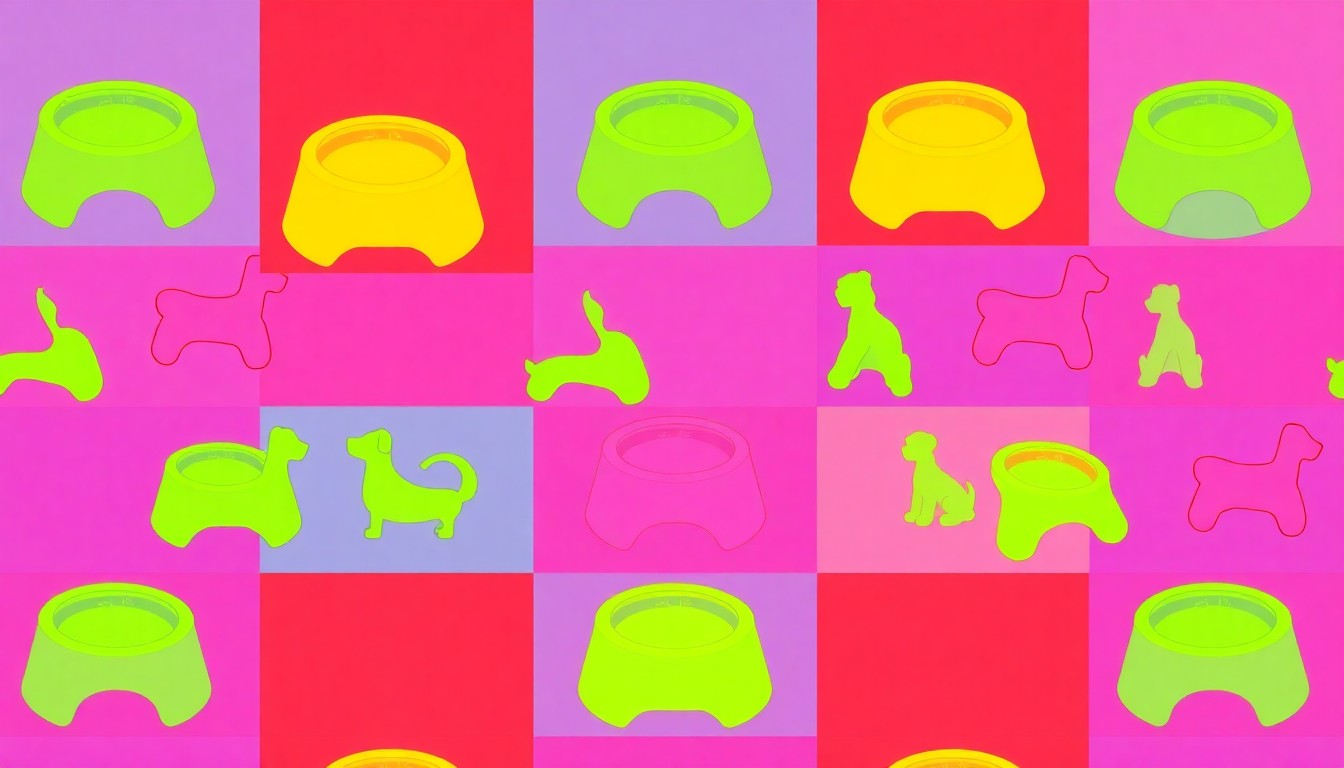 A bold, abstract grid of colorful silkscreen dog toys and bowls, conceptually representing the essential supplies needed to care for shelter animals.