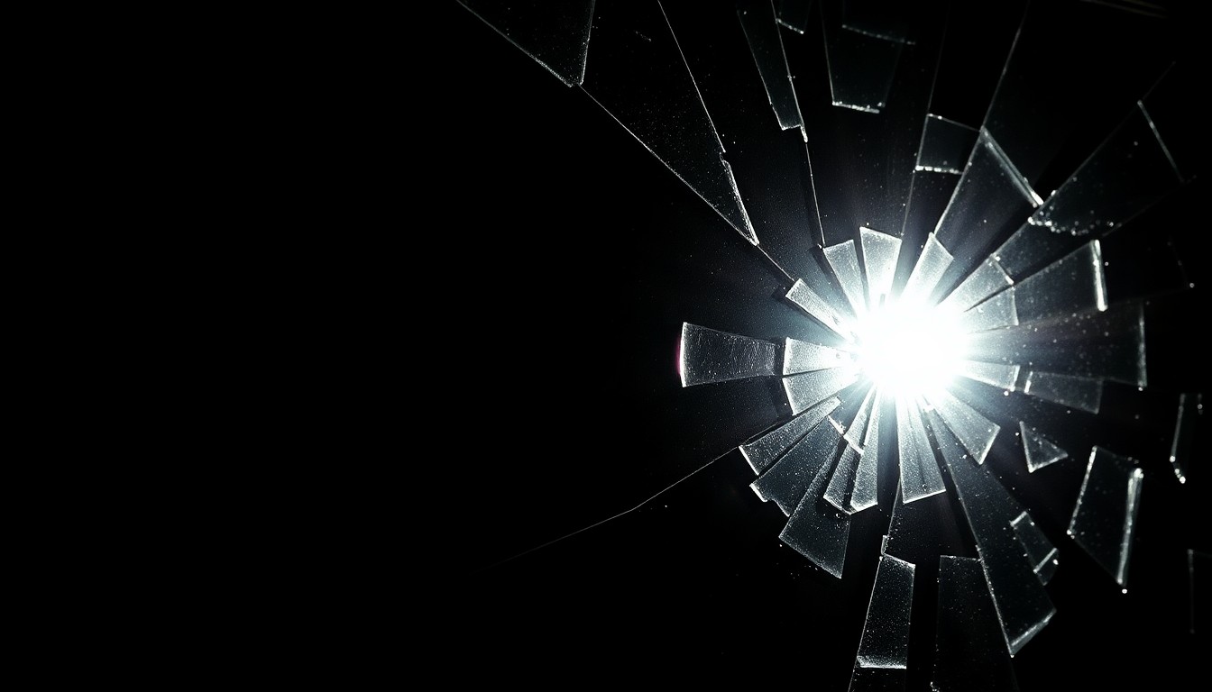 An extreme close-up photograph of a shattered Metro bus window, the jagged glass reflecting the harsh glare of a camera flash against a pitch-black background, conceptually illustrating the vandalism and disruption caused by an illegal street takeover event.