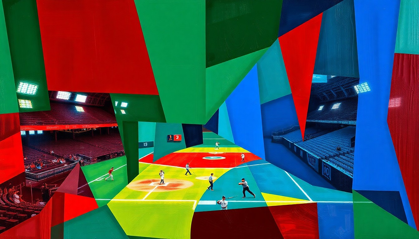 A cubist, geometric painting with overlapping planes of green, blue, and red, conceptually representing the competitive nature of high school sports rankings.