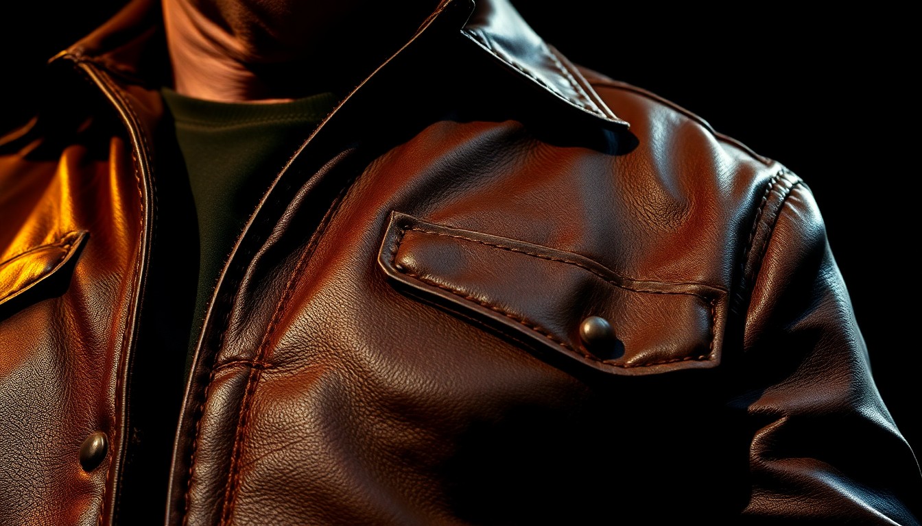 An extreme close-up photograph of a worn, weathered leather jacket, with dramatic shadows and highlights that capture the texture and character of the material, conveying the energy and spirit of a Bruce Springsteen concert.
