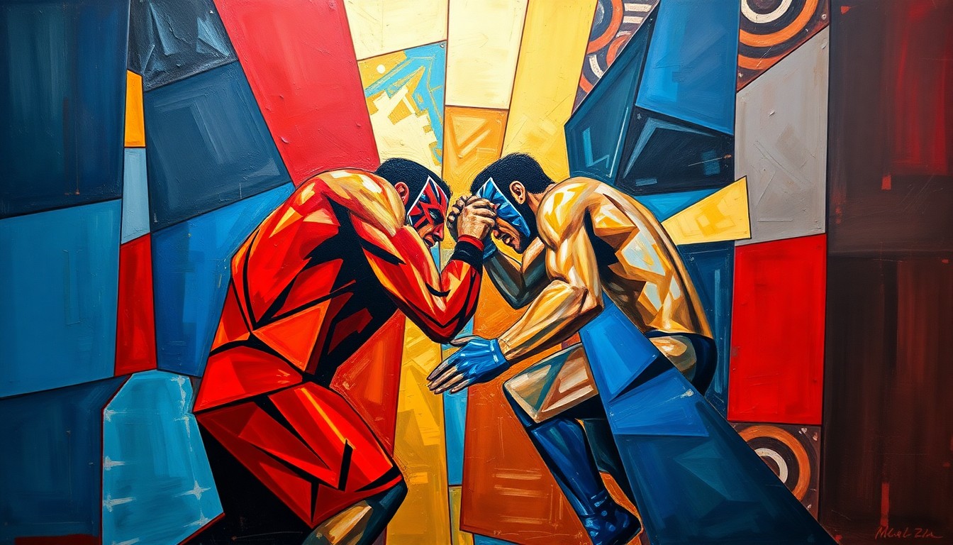 A cubist, geometric painting depicting the dynamic movements and energy of a wrestling match, with sharp, overlapping planes of color in blues, reds, and golds, conceptually representing the excitement and anticipation surrounding John Cena's return as host of WrestleMania 42.