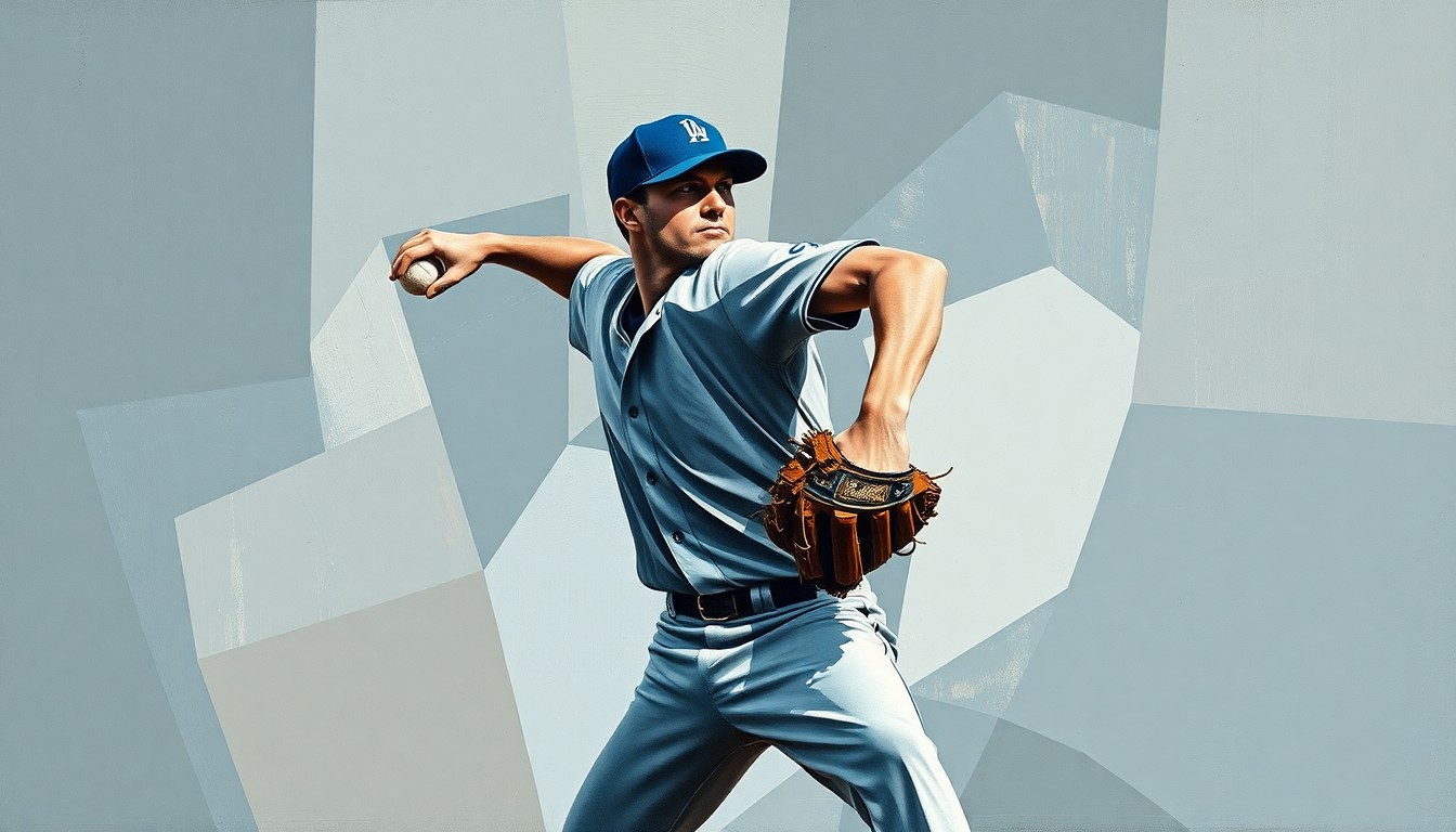 A cubist-style painting depicting a baseball pitcher's throwing motion broken down into overlapping geometric shapes and planes in muted blue, grey, and brown tones, conveying the complexities of a pitcher who struggles with home runs.