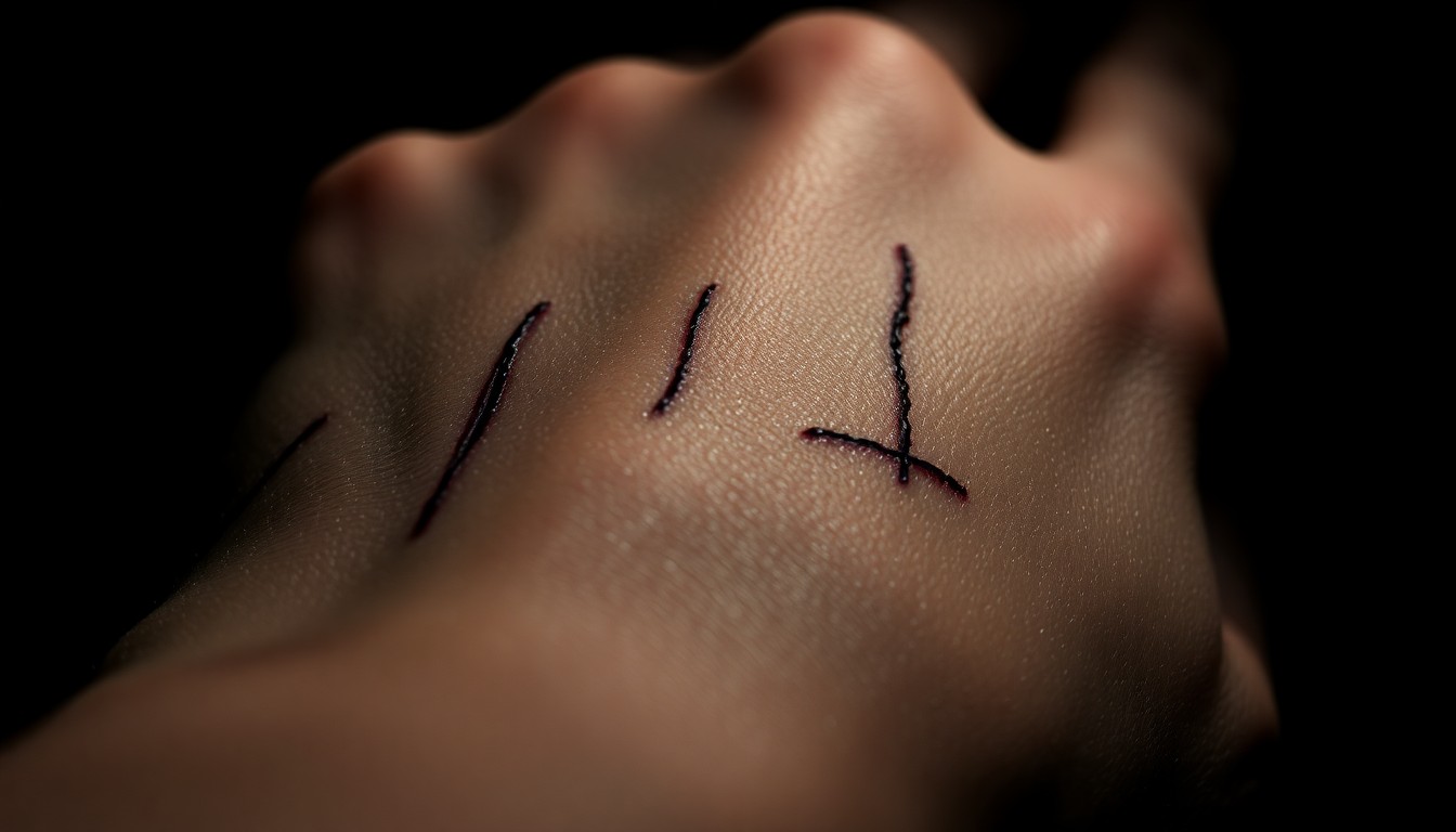 An extreme close-up photograph of several red scratches on skin, lit by a harsh, direct camera flash against a pitch-black background, conveying a stark, gritty, investigative aesthetic.