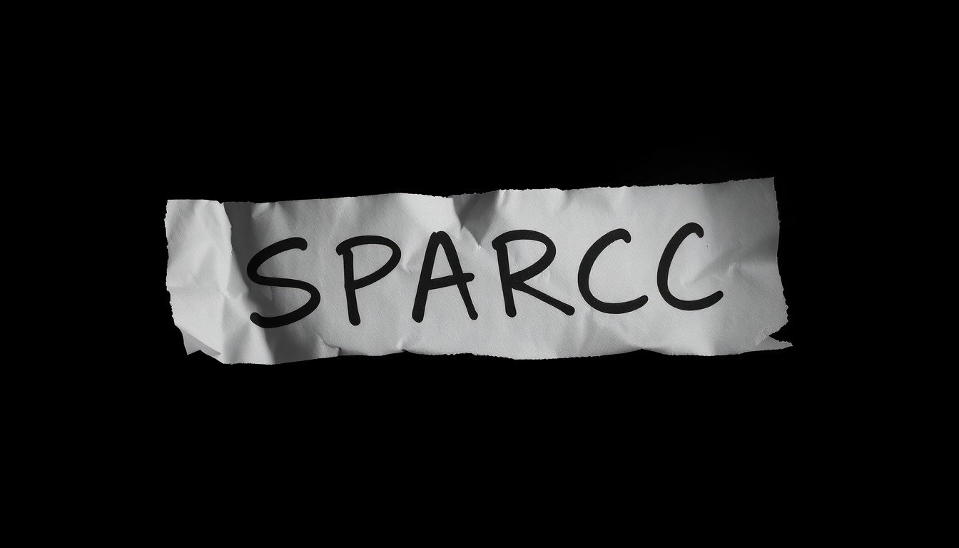 An extreme close-up photograph of a crumpled piece of paper with the word 'SPARCC' written on it, captured with a harsh, direct camera flash against a pitch-black background, creating a stark, gritty, investigative aesthetic.