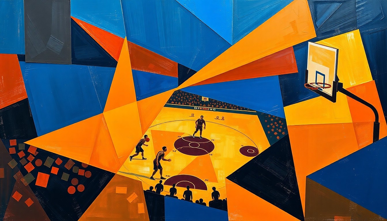 A fragmented, geometric painting in shades of blue, orange, and yellow, depicting the chaotic energy of a basketball game and the confrontation between law enforcement and spectators.