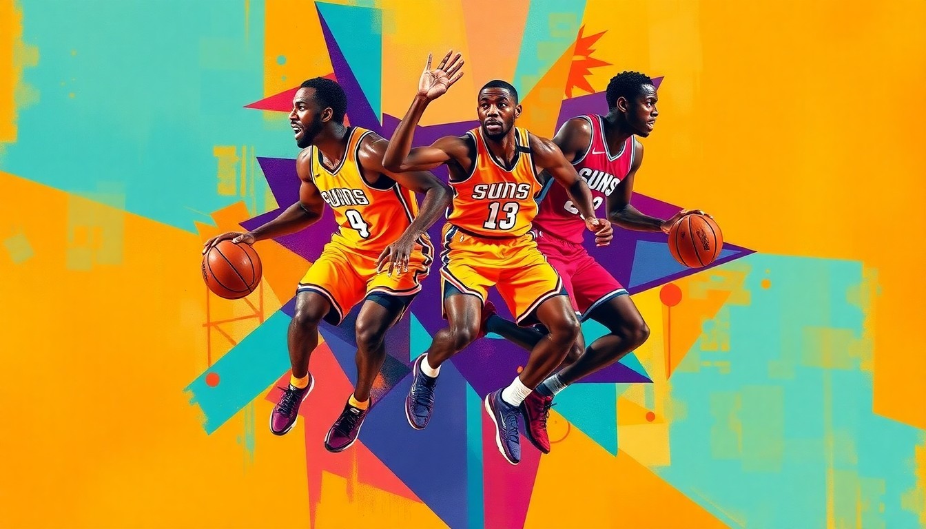A fractured, cubist-style painting depicting Jalen Green's dynamic scoring moves, with sharp geometric planes in the Suns' team colors of orange, purple, and teal, conceptually representing his transition to a more well-rounded offensive game.
