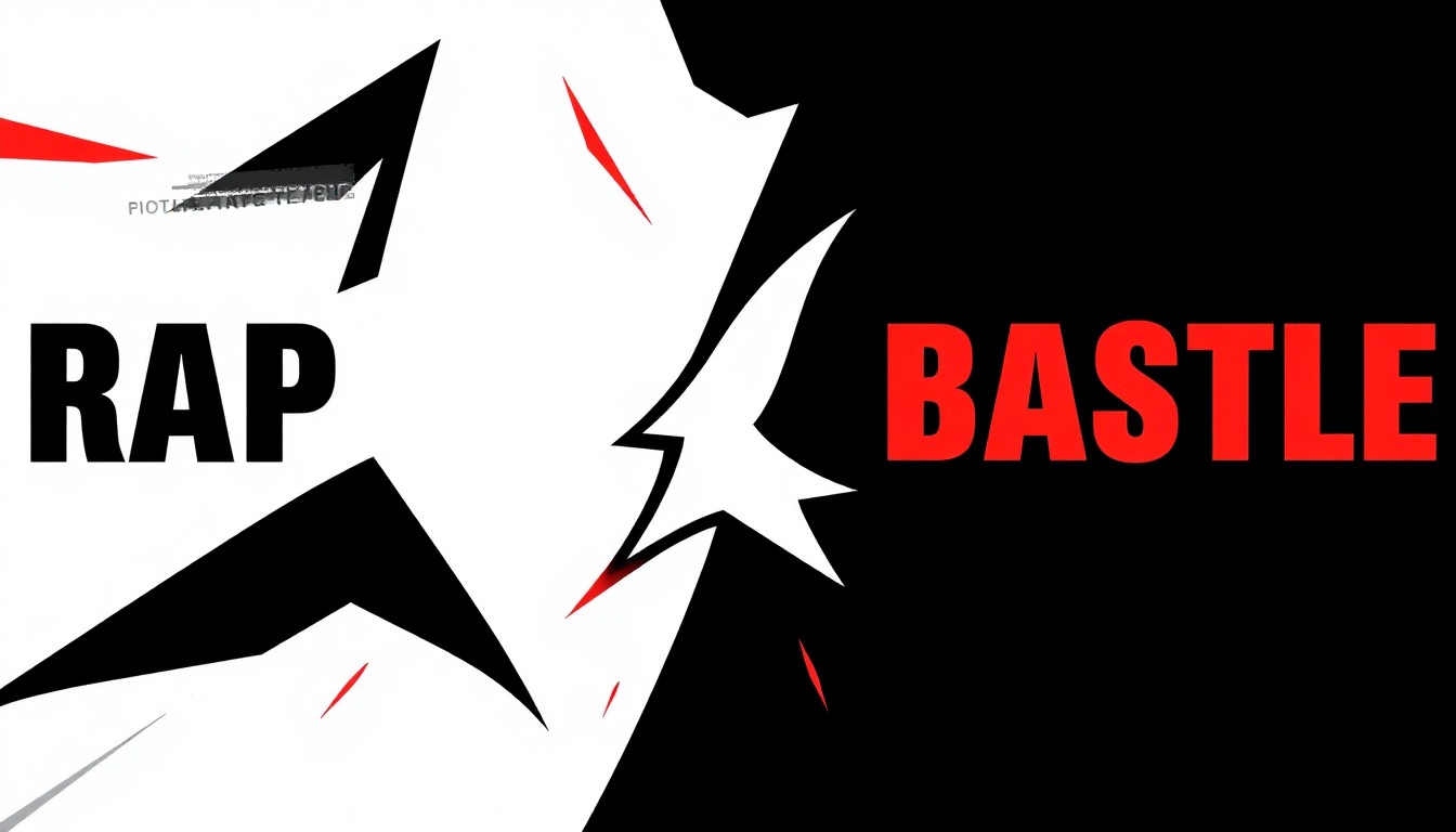 An abstract composition of stark black silhouettes, white negative space, and bright red geometric shapes, conceptually representing the competitive tension between two rap battle television shows.