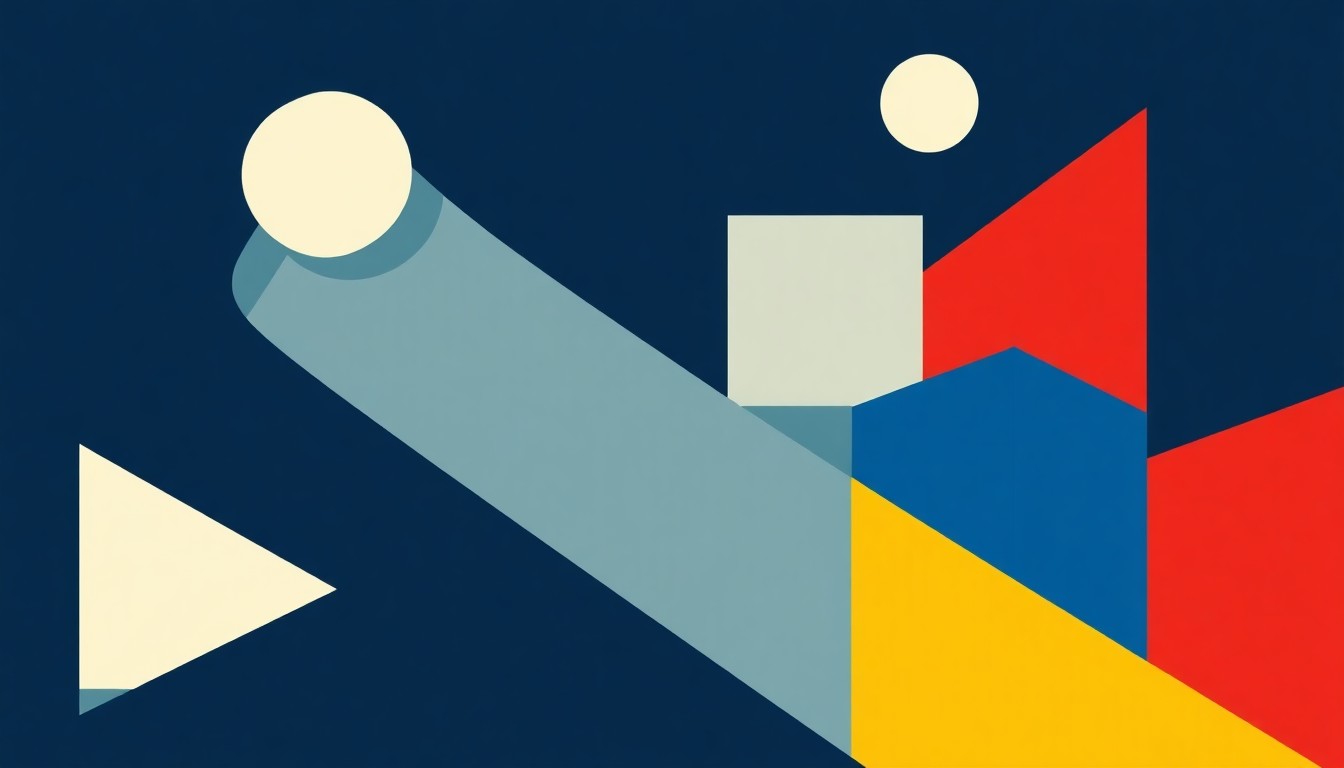 A vibrant abstract illustration featuring overlapping triangles and circles in shades of blue, red, and yellow, conceptually representing the complex economic forces shaping the job market.