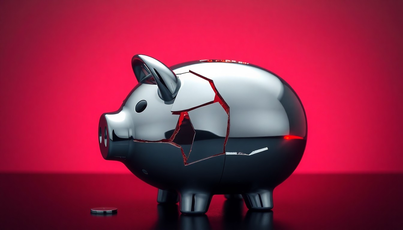 A photorealistic studio still-life image of a shattered chrome piggy bank reflecting a faint red light, symbolizing the loss of investor trust and market value due to the alleged cover-up of ties between Apollo's CEO and Jeffrey Epstein.