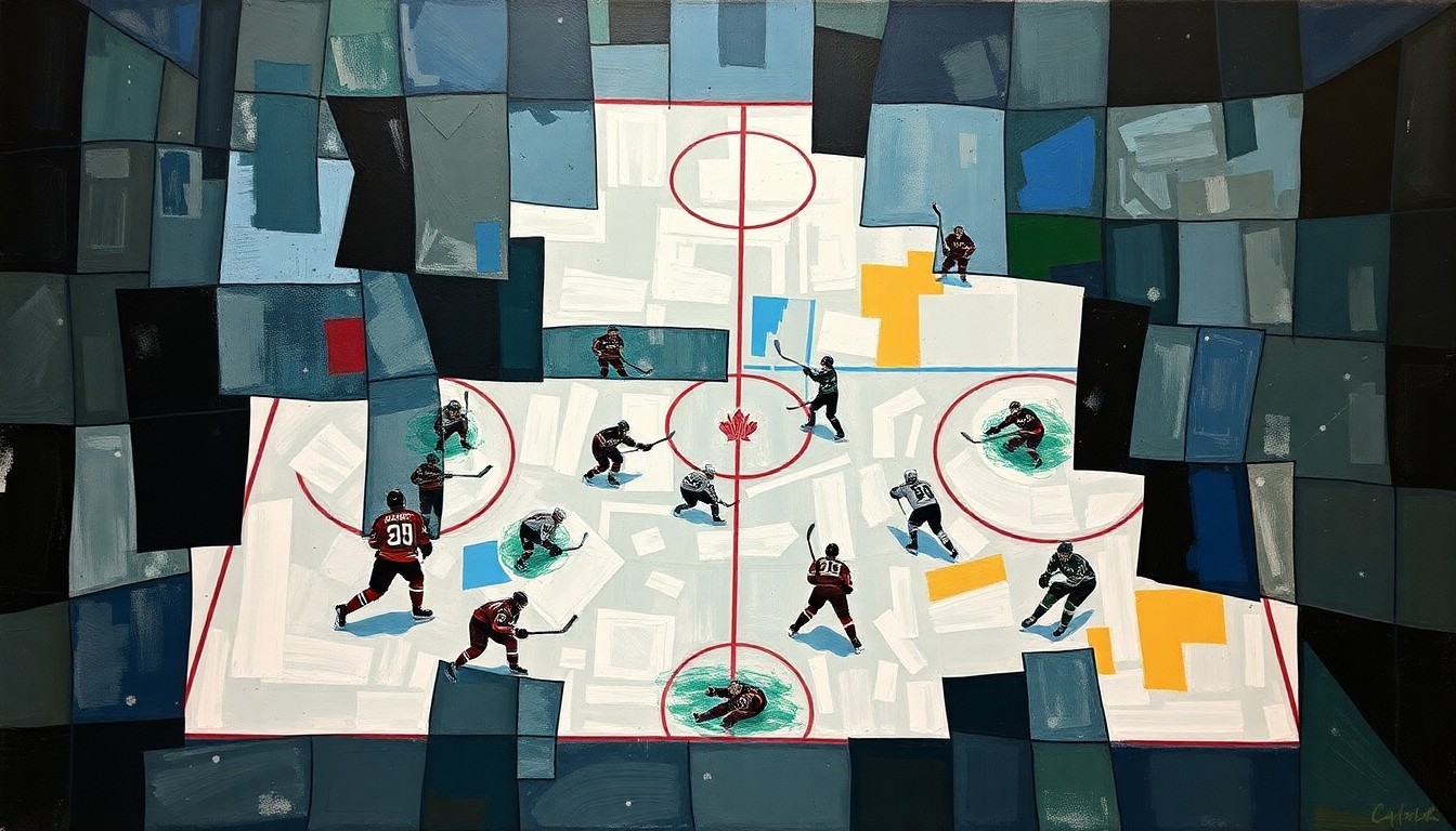 A cubist, geometric painting depicting a fragmented hockey game, with players and the puck dispersed across the canvas in sharp, overlapping planes of deep blues, grays, and muted greens, conceptually representing the Blackhawks' defensive disorganization during their recent road trip.