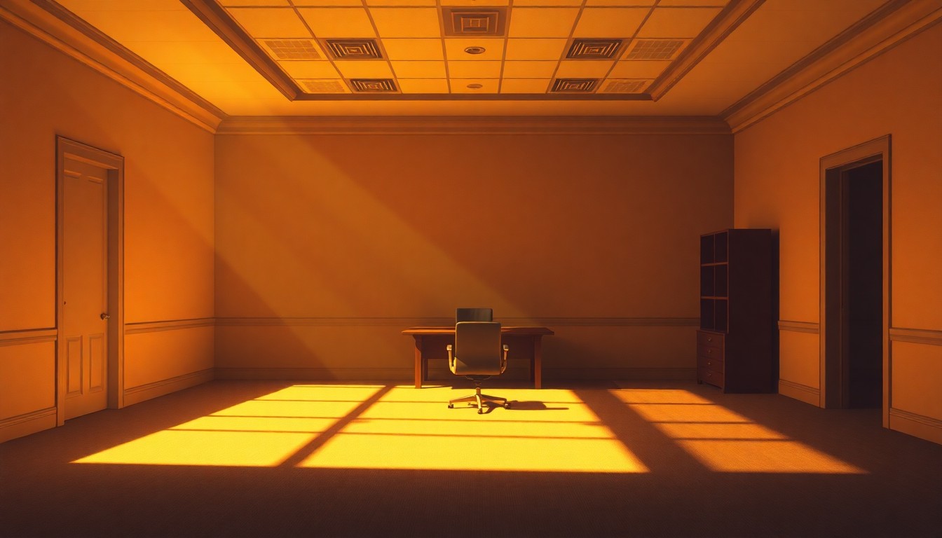 A dimly lit, cinematic office space with a single desk and chair in the center, the room bathed in warm, diagonal sunlight and deep shadows, conveying a sense of solitude and uncertainty.