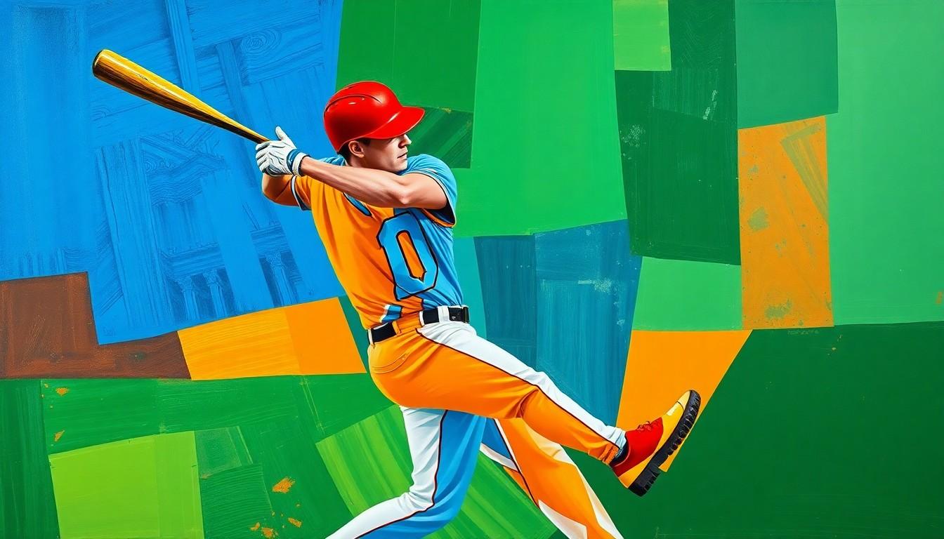 A fragmented, geometric painting in bold colors depicting the dynamic motion of a baseball player, conveying the conceptual idea of a veteran outfielder transitioning to a new team.