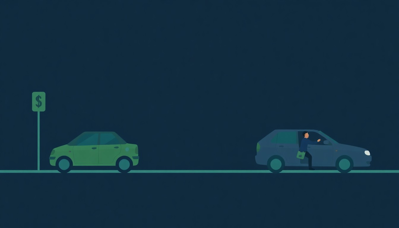 A geometric abstract illustration using clean lines, triangles, and rectangles in shades of dark gray, blue, and green to conceptually represent the economic strain of rising gas prices on workers who rely on their own vehicles.