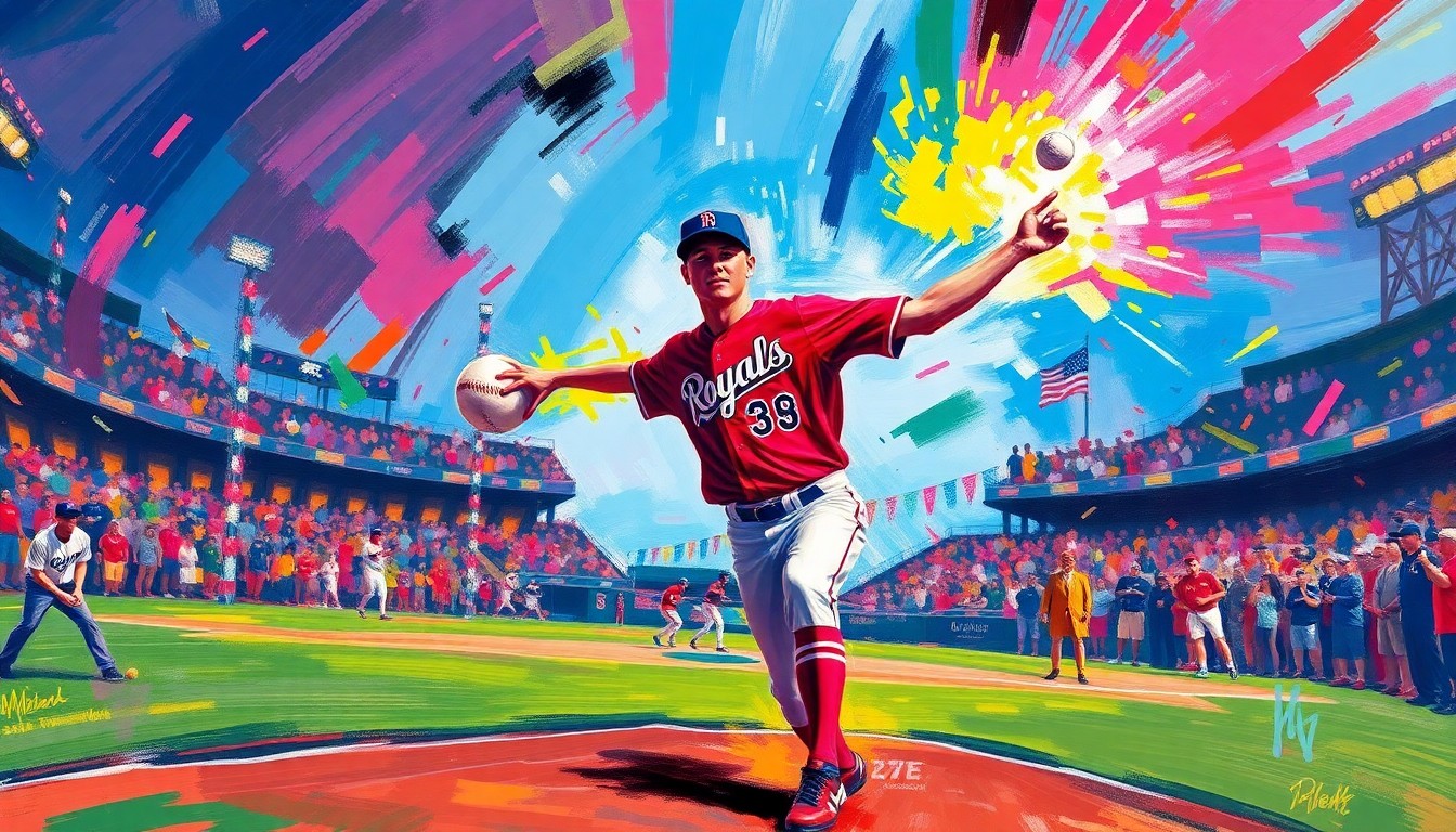 An abstract, expressionist painting in neon colors depicting the powerful motion and energy of a baseball being thrown, representing the ceremonial first pitch by Zane Gore to honor his late father Terrance Gore, a former Kansas City Royals player.