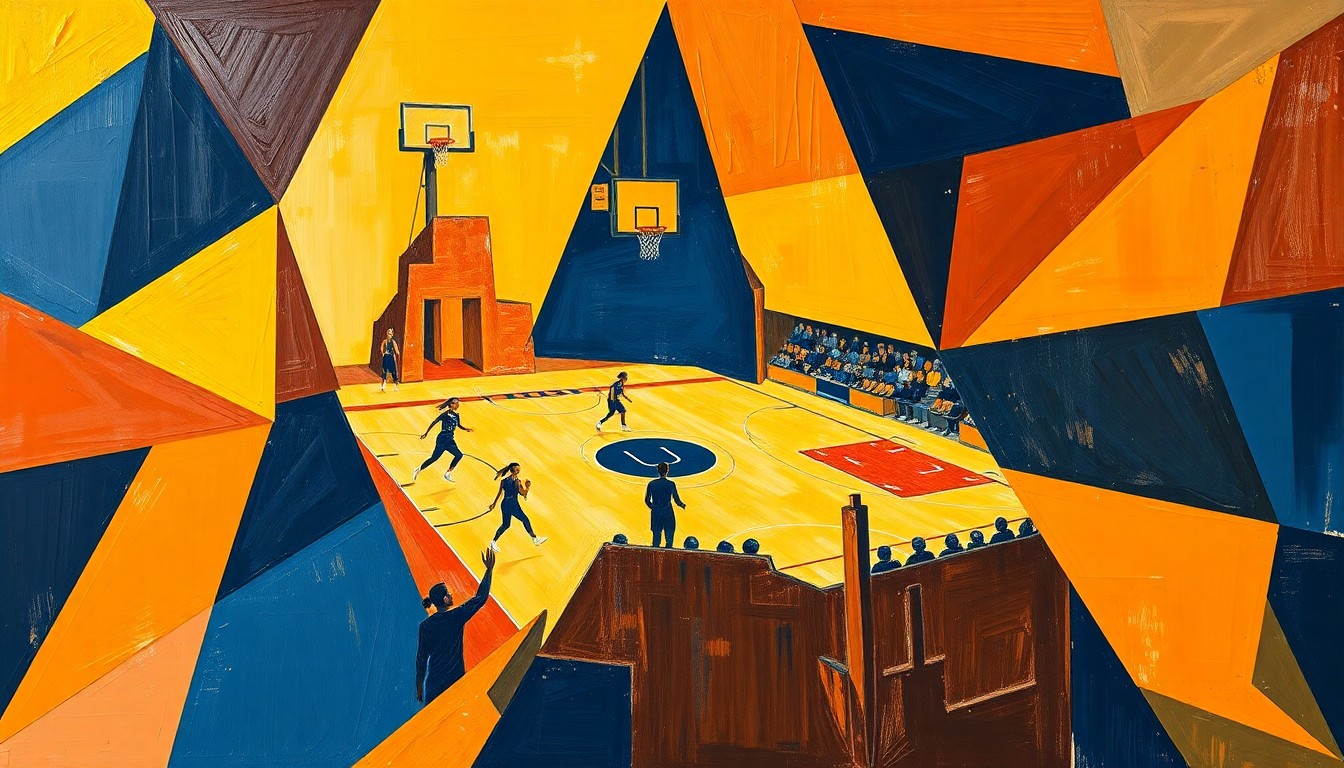 A cubist, geometric painting depicting a women's basketball game, with the players and court broken down into sharp, overlapping planes of color in shades of orange, yellow, and blue.