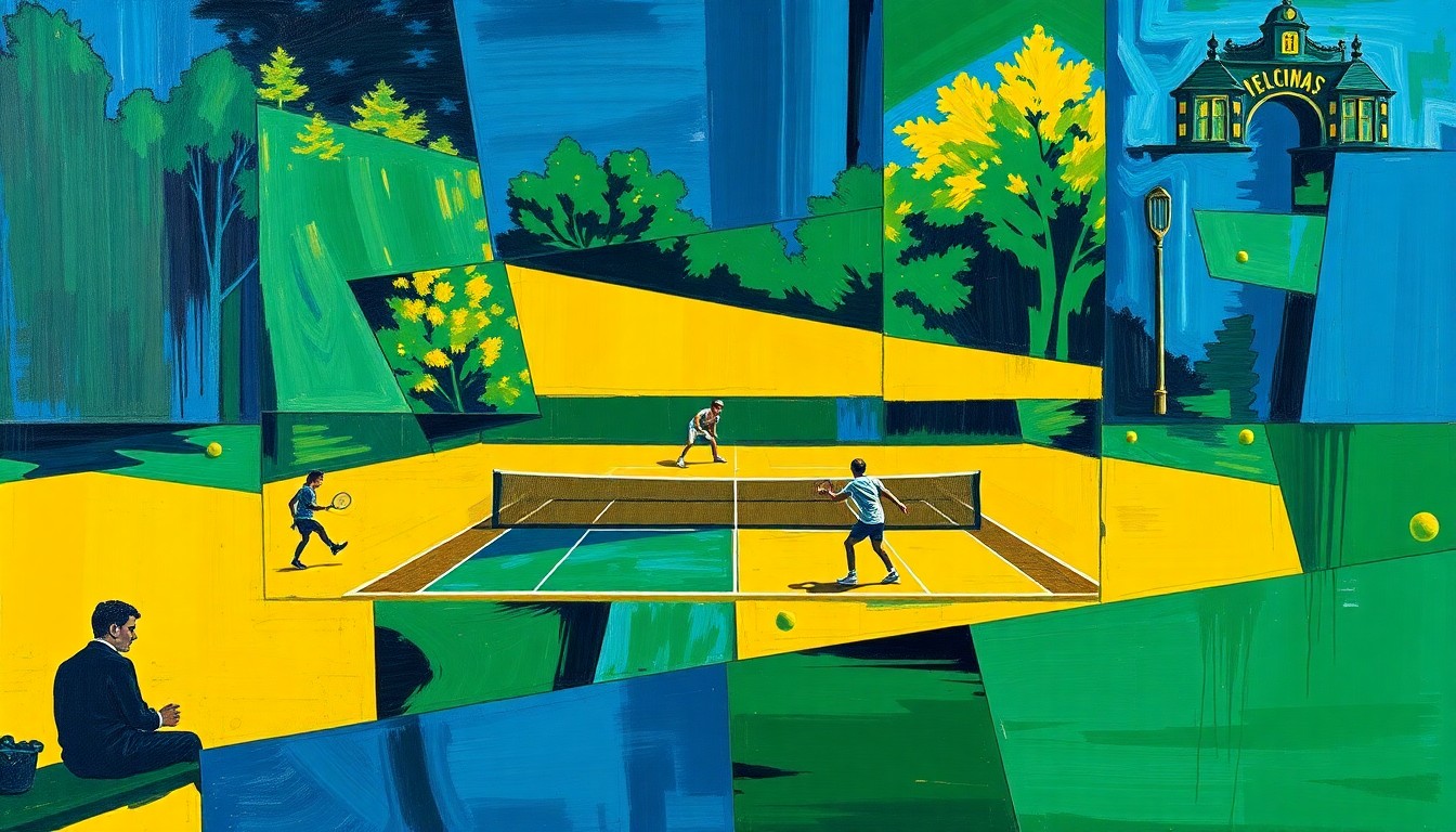 A cubist, geometric painting depicting a college tennis match, with sharp, overlapping planes of navy, green, and yellow representing the dynamic action on the court.