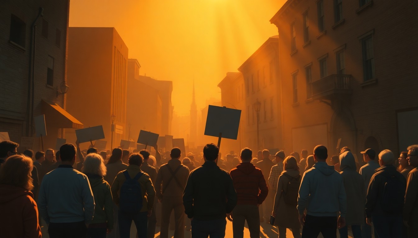 A serene, cinematic painting depicting a group of people gathered in a small town square, their faces and bodies cast in warm, golden light and deep shadows, conveying a sense of civic engagement and community in the face of political turmoil.