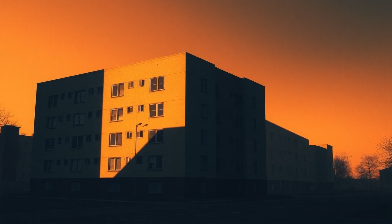 A realistic painting of a multi-story public housing building in muted earth tones, with warm sunlight casting long shadows across the facade, conveying a sense of solemnity and unease about the impact of the administration's policies on vulnerable communities.