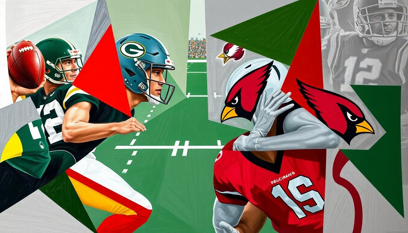 A cubist, geometric painting depicting a football game between the Green Bay Packers and Arizona Cardinals, with the players' forms broken down into sharp, overlapping shapes in a palette of forest green, cardinal red, and steel grey.