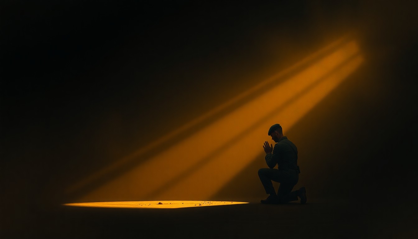 A solitary soldier kneels in prayer, the warm glow of light casting deep shadows across the scene, conveying a sense of quiet contemplation and the weight of war.