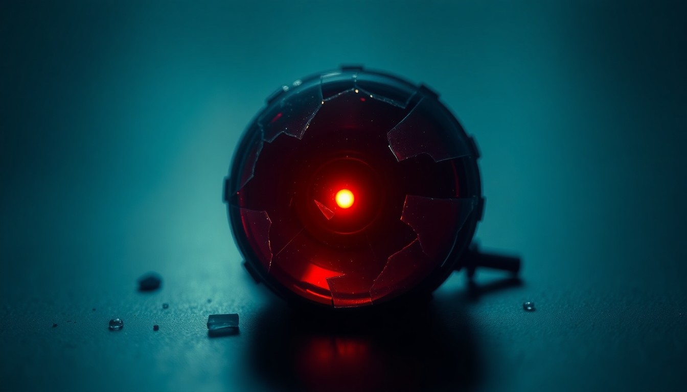 An extreme close-up of a shattered car sensor lens reflecting a faint red light, conceptually illustrating the aftermath of a violent crime.