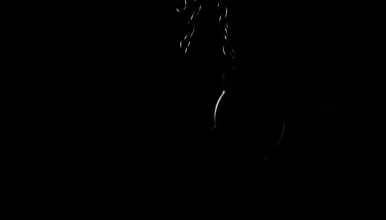 An extreme close-up of a pair of metal handcuffs against a stark black background, the harsh flash illuminating the cold, hard details of the restraints in a gritty, investigative style.