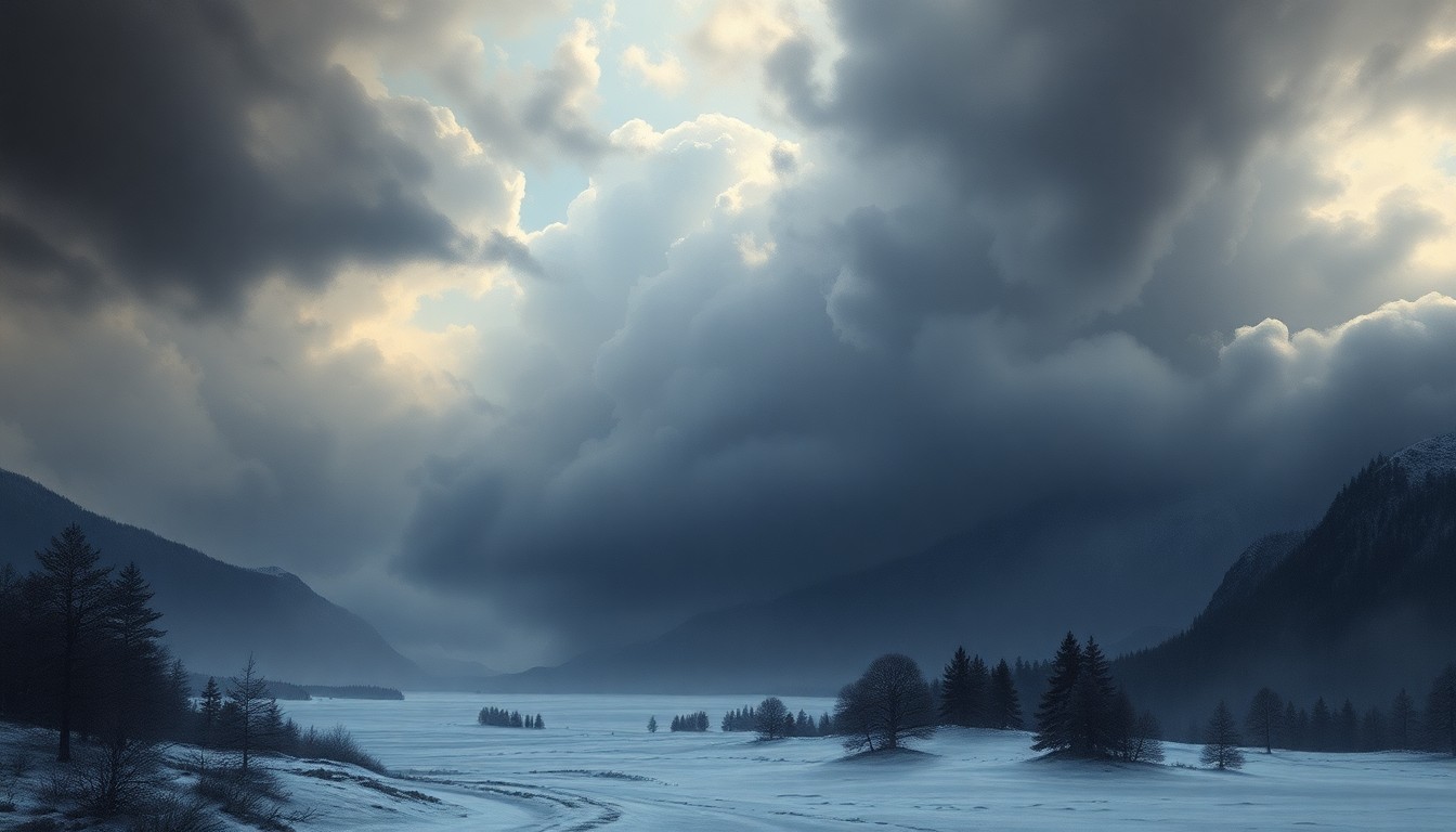 A sweeping, atmospheric landscape painting in muted tones of gray, blue, and white, depicting a vast, ominous sky filled with heavy, foreboding clouds that dwarf the small structures and trees below, conveying the overwhelming power of an impending winter storm.
