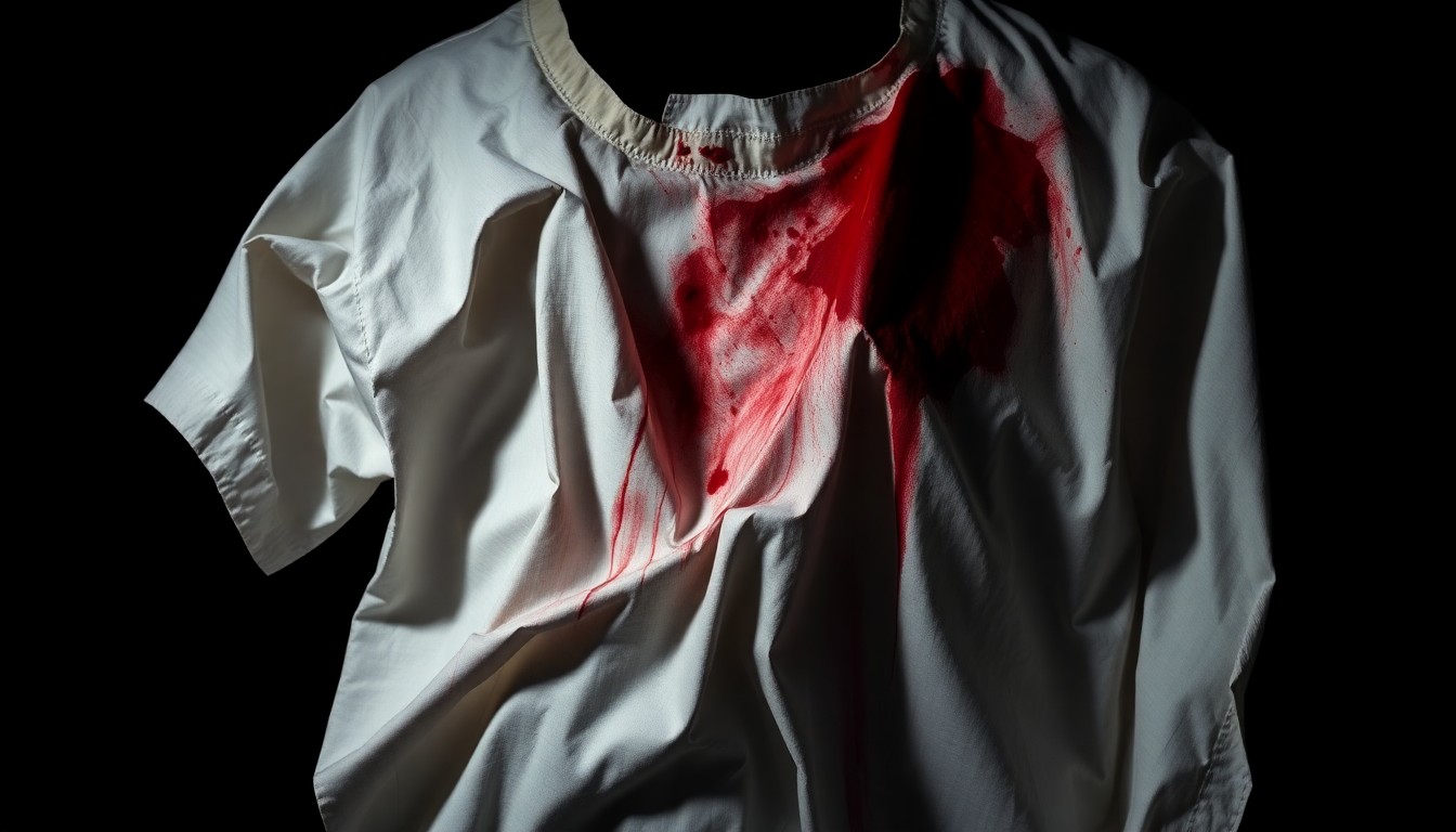 An extreme close-up of a crumpled, bloodstained surgical gown, shot in dramatic high-contrast lighting to create a conceptual, abstract representation of the emotional intensity of an emergency room.