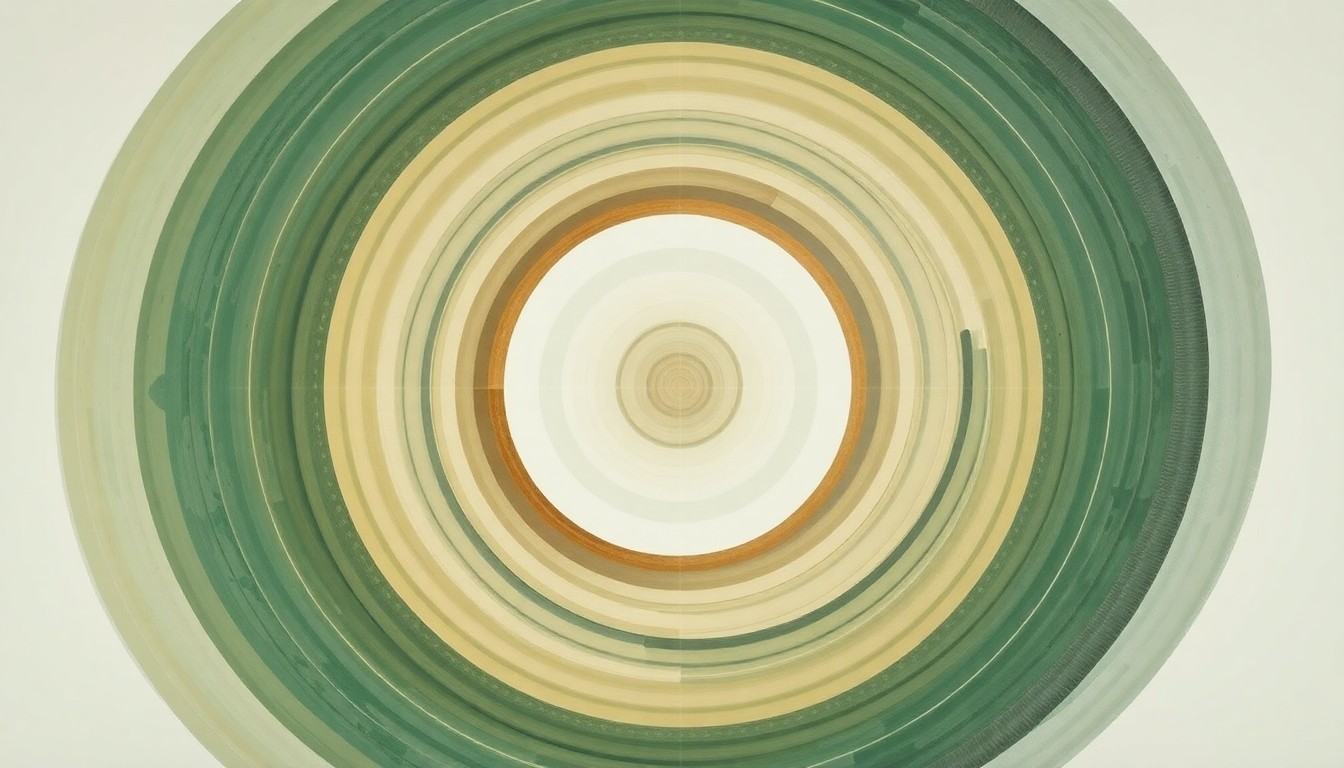 A highly structured abstract painting featuring sweeping geometric arcs, concentric circles, and precise spirals in earthy tones of green, brown, and blue, conceptually representing the intricate energy storage and distribution system of the Cormorant Energy Storage Project.