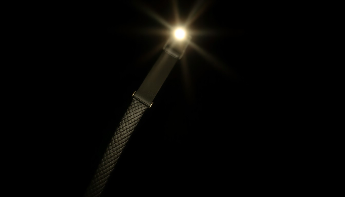 An extreme close-up photograph of a police K-9 officer's collar and leash, lit by a harsh, direct camera flash against a pitch-black background, creating a stark, gritty, investigative aesthetic.