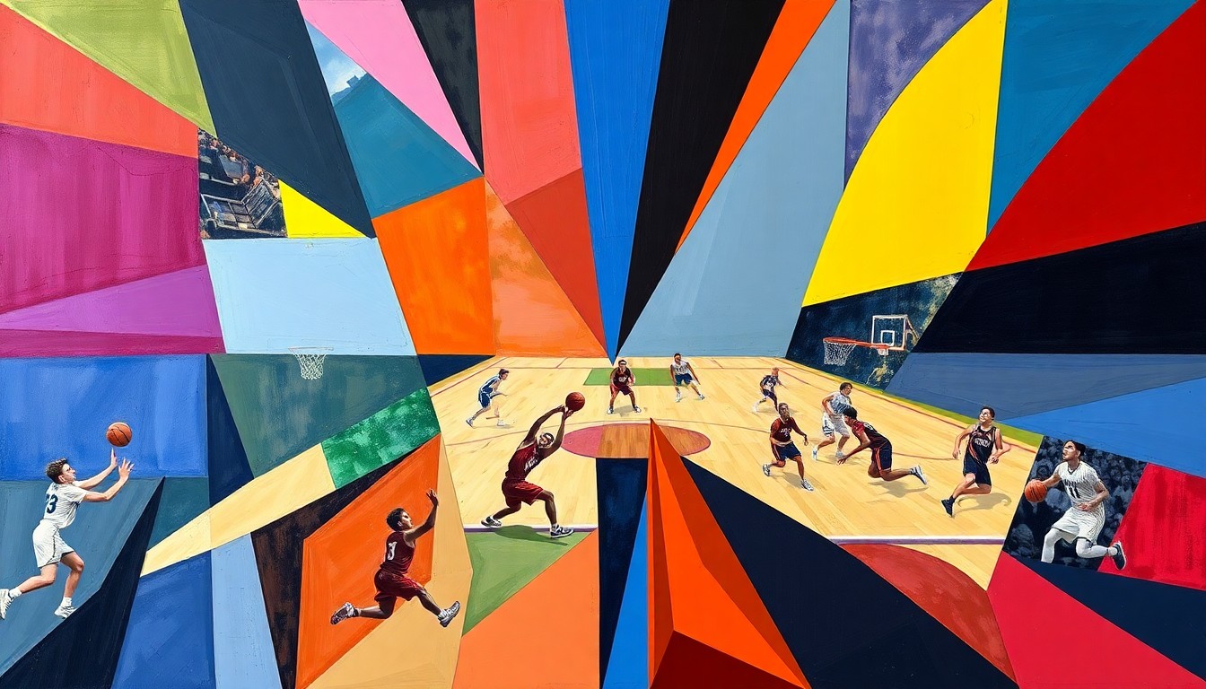 A dynamic, cubist-inspired illustration depicting various high school sports scenes, with the players and equipment fragmented into sharp, overlapping geometric shapes and planes in a vibrant color palette.