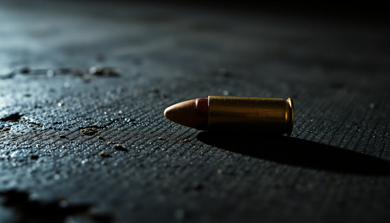 An extreme close-up photograph of a single spent bullet casing on a dark concrete surface, lit by a harsh, direct camera flash, conceptually representing the aftermath of a violent shooting incident.